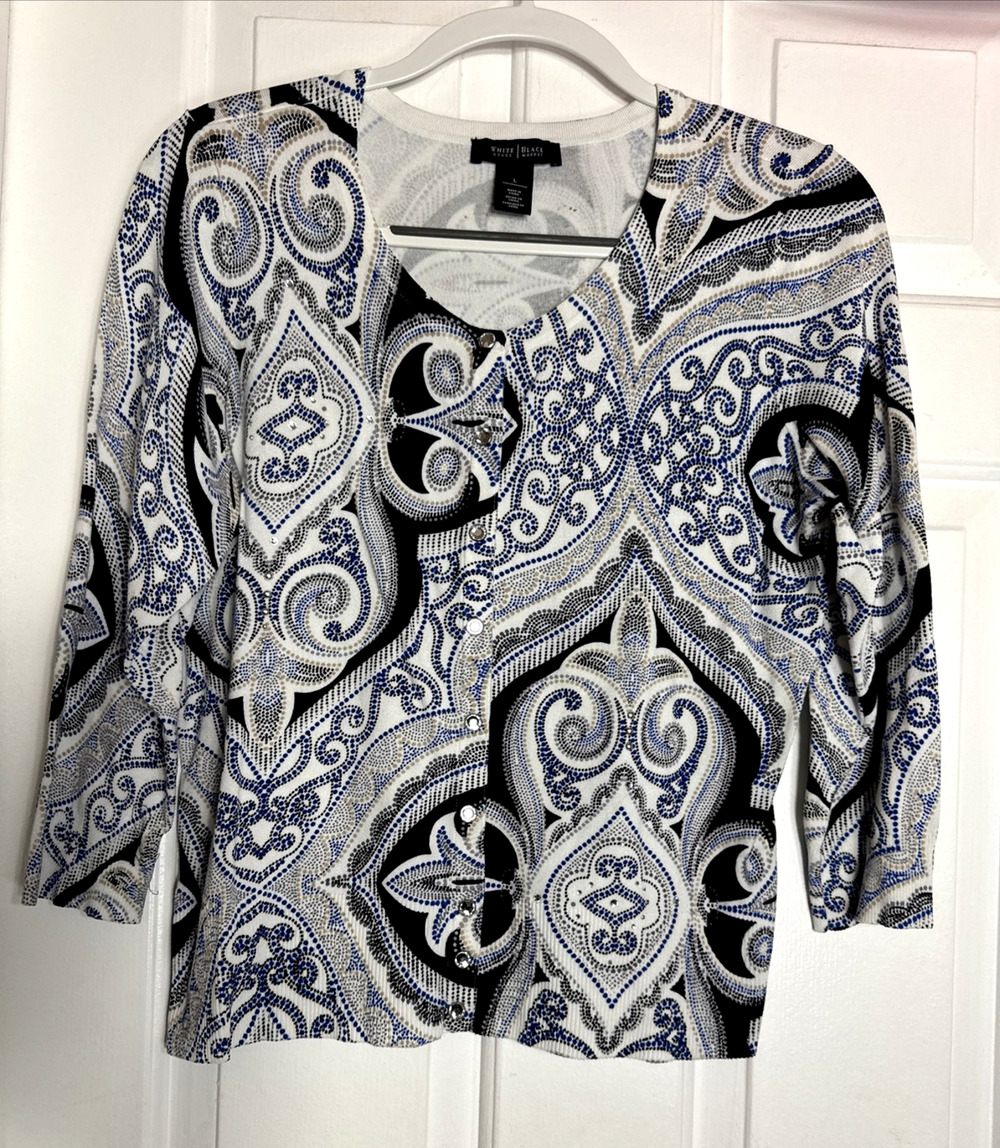 White House Black Market White/Blue Womens 3/4 Sleeve Cardigan Boho Paisley L